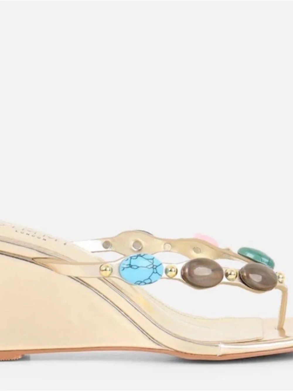 Metallic Gold Wedge Thong Sandals with Multicolor Gem Accents